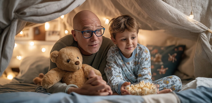 Bald dad with glasses and his son enjoy popcorn in a cozy blanket fort during movie night Generative AI - Powered by Adobe