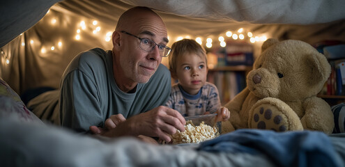 In a warm and cozy homemade fort, a bald man and his son share a joyful movie night with popcorn Generative AI