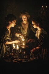 Baroque painting style three witches brewing potion at midnight, dark drama