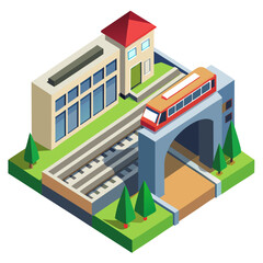 vector of an urban subway station entrance and underground tunnel layout in clean isometric view, white background
