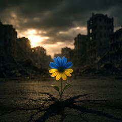 Flower with blue and yellow petals breaks through the asphalt, symbol of hope, on a destroyed Ukrainian city background