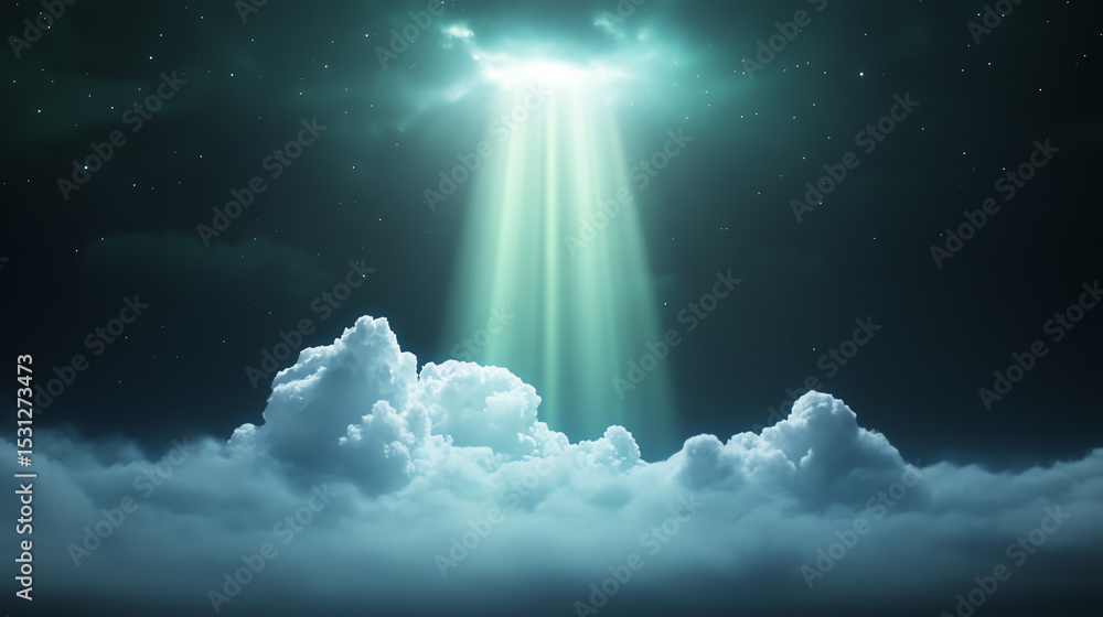 Aufkleber A surreal visual of beams of light converging through a dark cloud formation, creating a mystical atmosphere in the sky.
