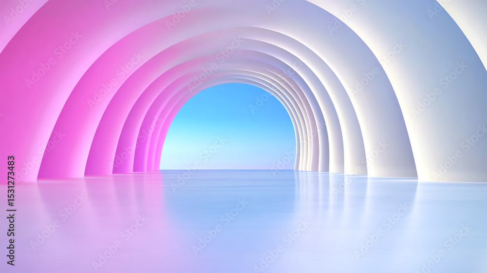Poster a surreal, vibrant tunnel with colorful arches reflecting light, creating an ethereal ambiance.