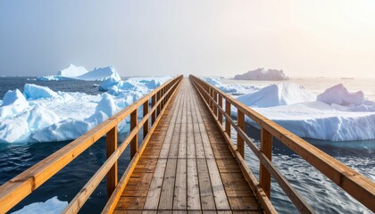 Serene Pathway Through Floating Icebergs in Misty Arctic Sea