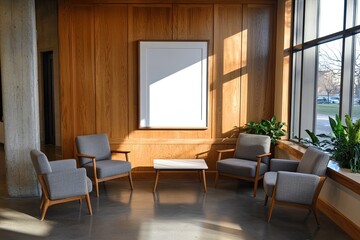 Modern waiting area with wooden paneling