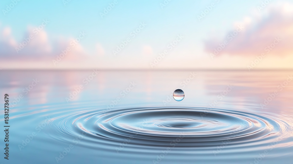 Poster a tranquil water scene featuring a single droplet creating ripples on the calm surface, symbolizing 