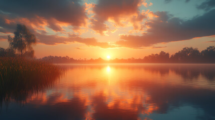 Obraz premium A tranquil sunset over a serene lake, with vibrant clouds reflected in calm waters, creating a peaceful atmosphere.