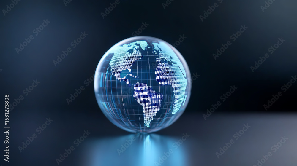 Poster A transparent globe with illuminated continents showcasing a digital world map, symbolizing global connectivity and innovation.