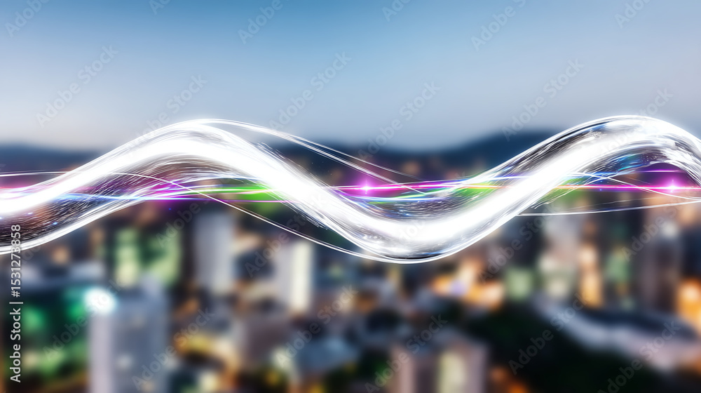Aufkleber A vibrant abstract image representing connectivity and innovation with colorful light waves over a cityscape background.