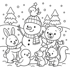 Fototapeta premium Adorable animals and bird enjoying winter, building a snowman together in a snowy forest coloring page