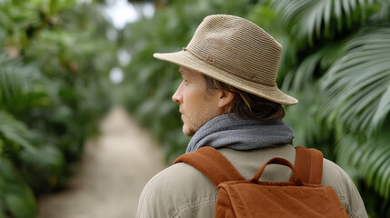 A traveler explores a lush pathway surrounded by tropical foliage, evoking peace and a connection with nature.