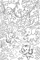 Obraz premium Monkey swinging on liana, giraffe, elephant, tiger and rabbit playing near a river in the jungle, black and white illustration for a coloring book