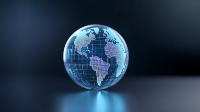 A transparent globe with illuminated continents showcasing a digital world map, symbolizing global connectivity and innovation.
