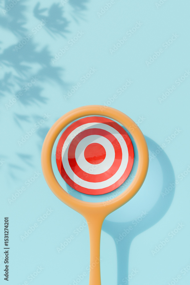 Poster target with a red and white bullseye through a magnifying glass against a blue background. 3d render
