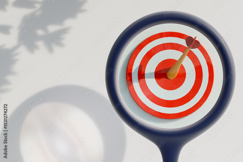 Poster target practice with a dart hitting the bullseye on a dartboard through a magnifying glass. 3d rende