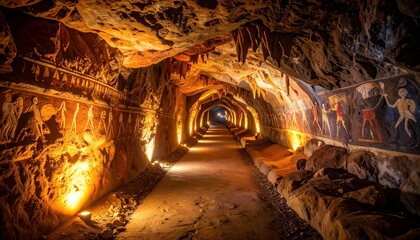 Naklejka premium Mystical Glowing Cave Pathway with Ancient Rock Paintings