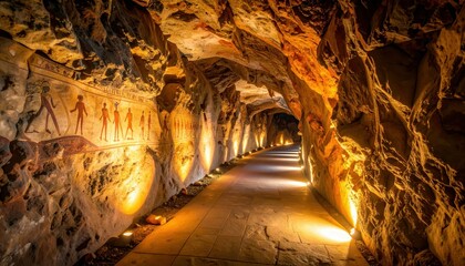 Naklejka premium Ancient Glowing Cave Pathway with Mystical Rock Paintings