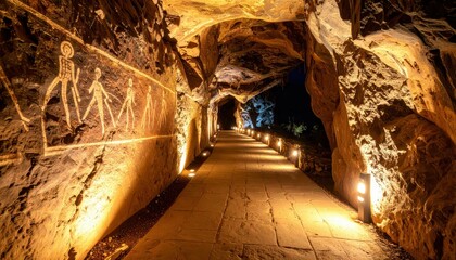 Naklejka premium Mystical Pathway through Ancient Cave with Glowing Rock Art