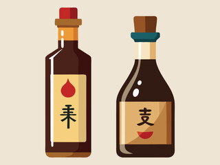 Asian Cuisine Condiment Bottles: Flat Design Soy Sauce & Sake Clipart