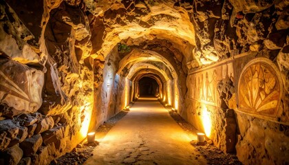 Naklejka premium Glowing Pathway Through Ancient Rock Cave with Mystical Paintings
