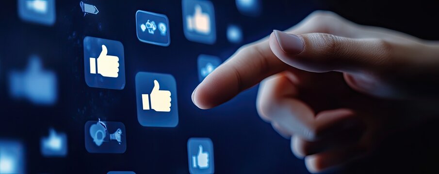 Hand interacting with glowing social media interface