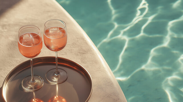 Two sparkling drinks perched on a tray reflect the shimmering pool water at sunset Generative AI