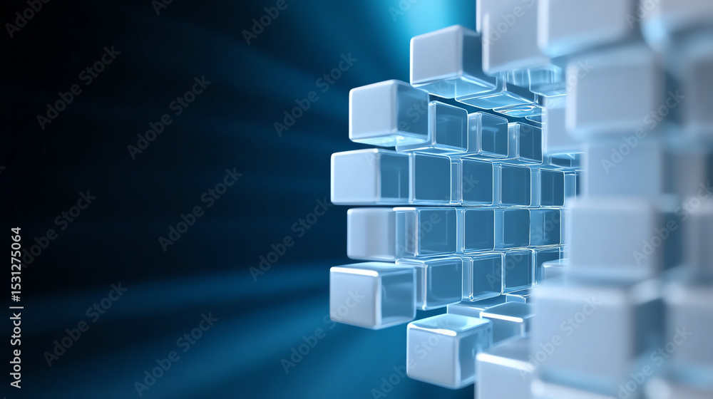 Poster Abstract image of digital cubes creating a 3D effect with blue lighting, representing innovation and technology advancement.