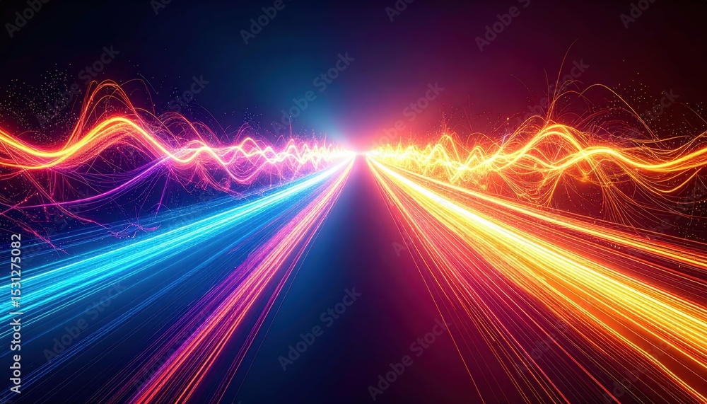 Poster glowing energy pathway with dynamic pulses in abstract space