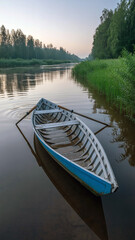 Fototapeta premium Serene dawn river scene with a small rowboat moored gently on calm water