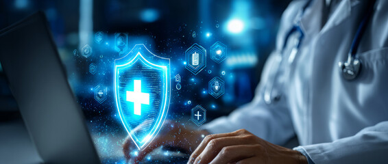 doctor using a laptop computer,Digital health and medical technology concept.	
