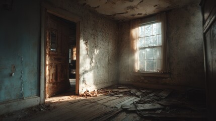 Abandoned empty room with peeling wallpaper, cracked walls, and broken floorboards, moody natural light entering through a dusty window