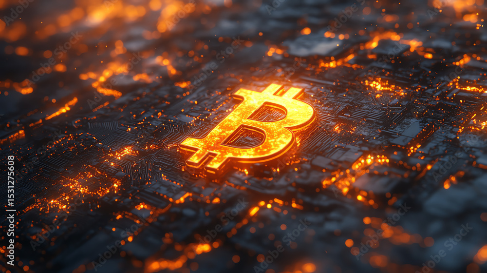Poster An illuminated Bitcoin symbol surrounded by a textured background, symbolizing the rise of digital currency and innovative finance.