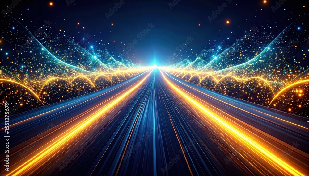 Poster dynamic flowing pathway of glowing particles in ethereal space