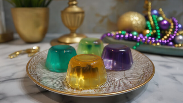 Enjoy colorful King Cake Jello shots arranged on an elegant plate, perfect for festivities Generative AI