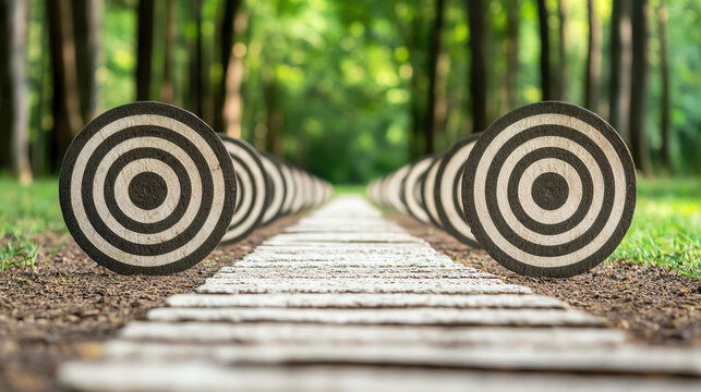 Archery targets aligned on a path in a serene green setting, perfect for outdoor activities and recreational sports.