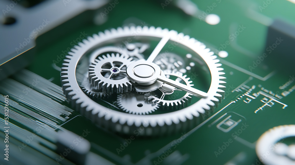 Aufkleber Close-up of intricate gears on a circuit board, symbolizing innovation and the interconnection of mechanics and electronics.