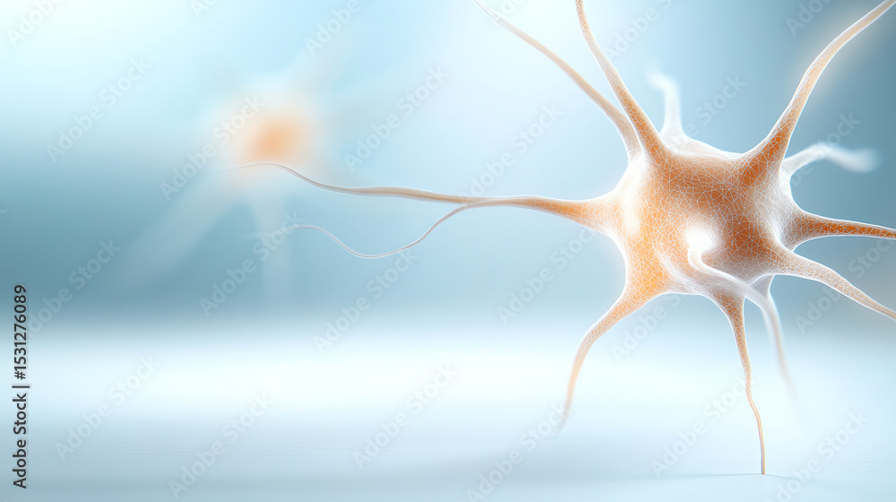 Poster close-up view of a neuron with intricate structures, showcasing the beauty of cellular biology and n