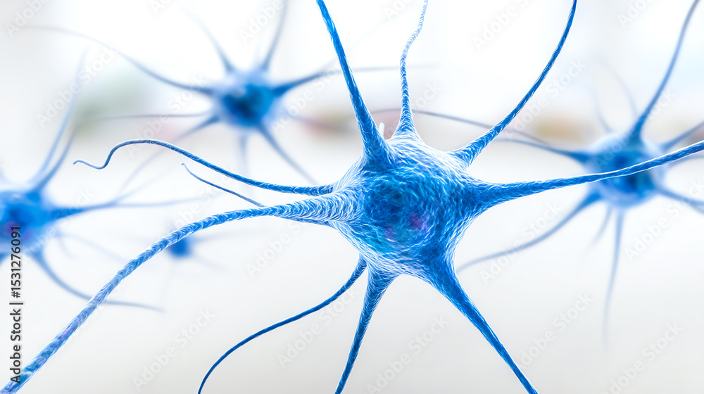 Aufkleber Close-up view of a blue neuron showcasing its intricate structure and connections, highlighting cellular communication in the brain.