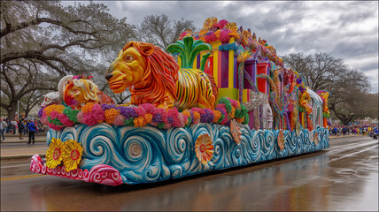 A lively float with vibrant lions and flowers rolls through packed Mardi Gras streets Generative AI