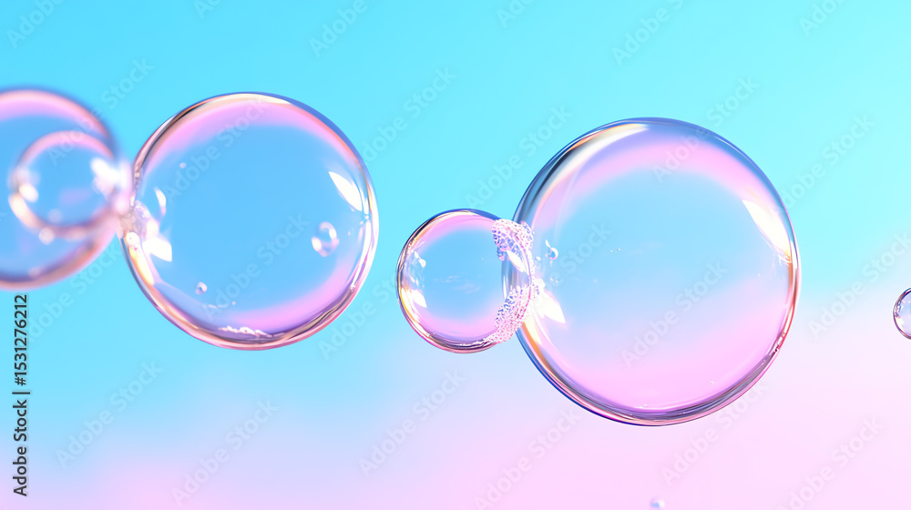 Poster colorful soap bubbles floating against a soft pastel background, evoking a sense of joy and playfuln