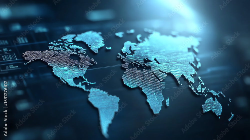 Aufkleber Digital world map with blue tones illustrating global connectivity and data flow in a modern technological landscape.
