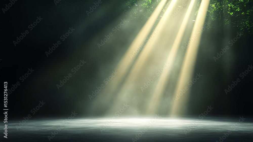 Poster dramatic light rays pierce through a dense forest, creating a serene and peaceful atmosphere. ideal 