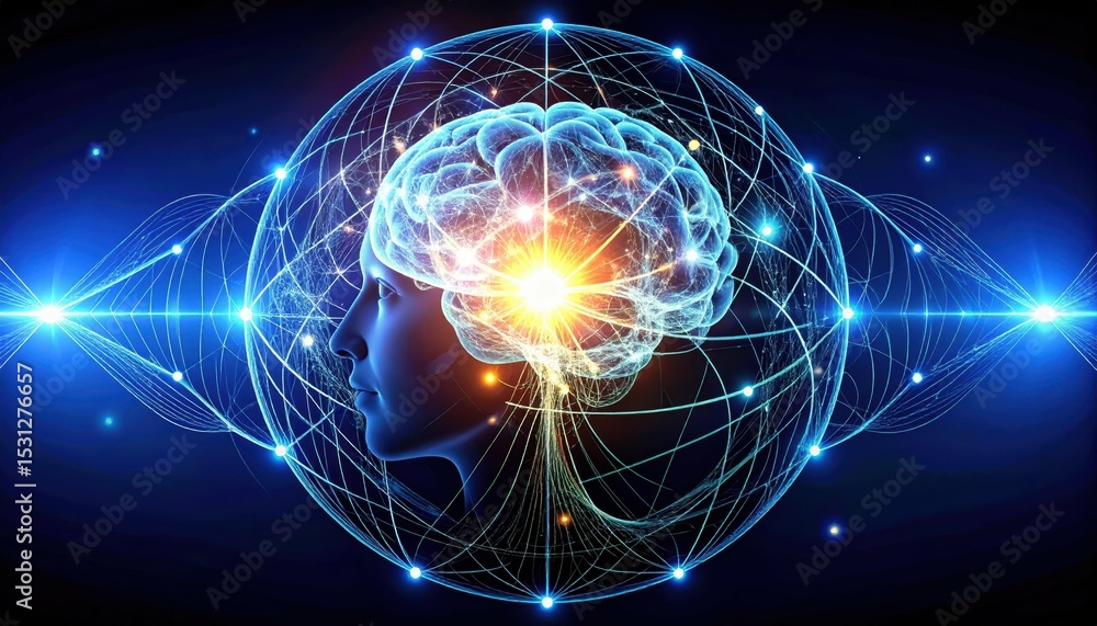 Poster glowing abstract mindscape of interconnected thoughts pathway