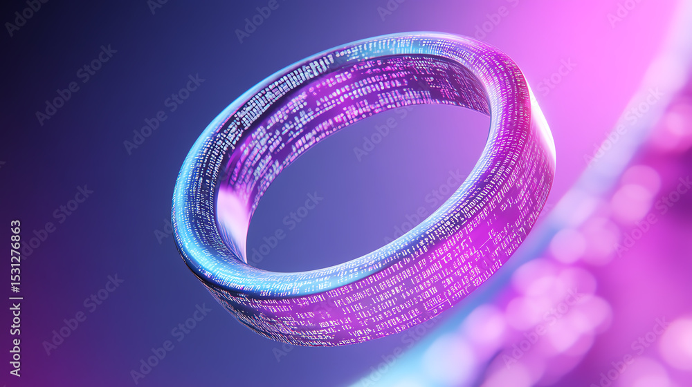 Poster Futuristic 3D rendering of a circular digital element with vibrant colors and coding patterns, symbolizing innovation and tech.