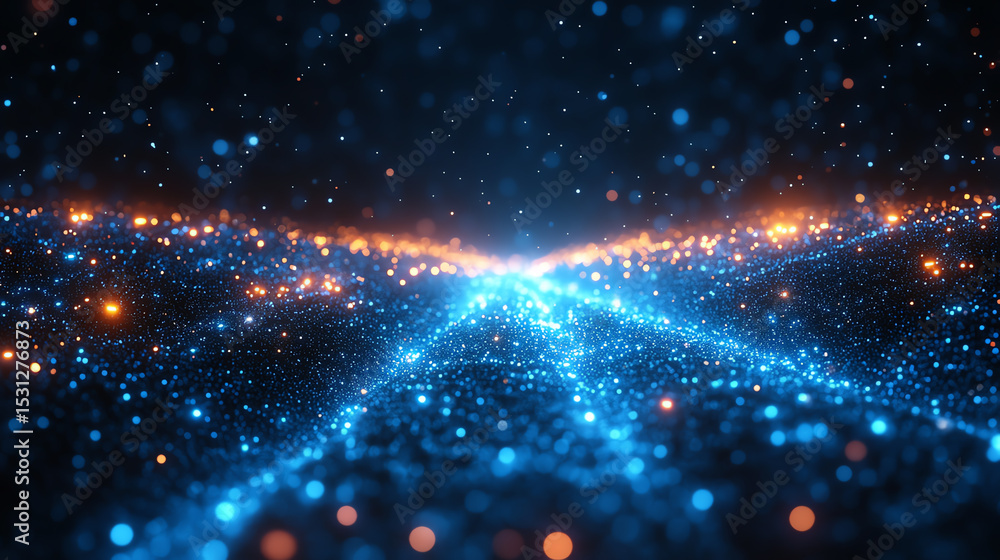 Poster Futuristic abstract digital background showing a vibrant blue and orange cosmic landscape with shimmering particles and depth.