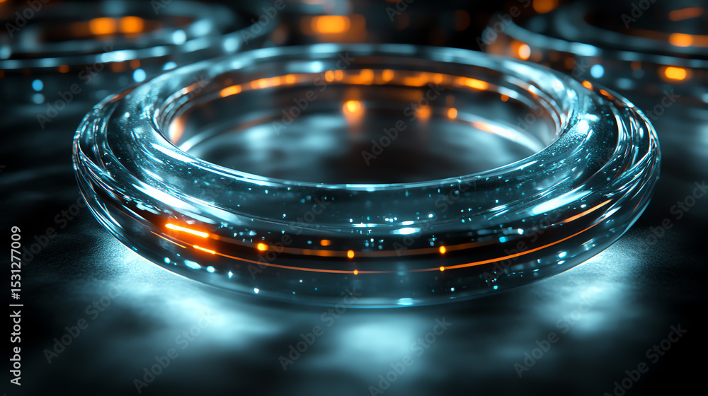 Poster futuristic glass ring structures illuminated by glowing orange lights, creating a visually stunning 