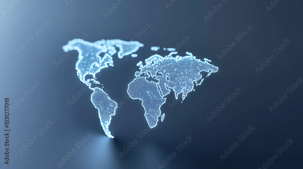 Poster Futuristic digital world map design showcasing global connectivity and technology in a sleek display.