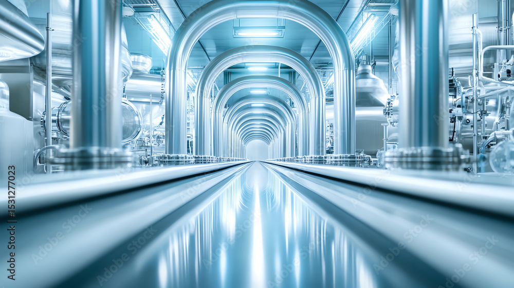 Poster futuristic industrial corridor featuring sleek metallic structures and bright lighting, illustrating