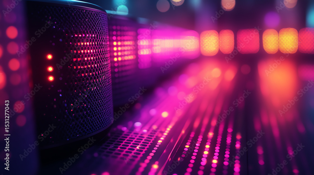 Poster futuristic sound devices illuminated by vibrant lights create a dynamic atmosphere, reflecting innov
