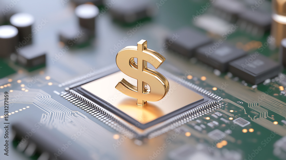 Aufkleber Golden dollar symbol on a circuit board representing the intersection of finance and technology in the modern digital age.